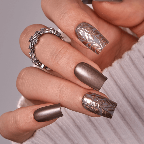 CurvLife Designers Pick Gilded Blooms Press-On Nails - 30PCS, Square, Easy Apply, Non-Toxic & Reusable