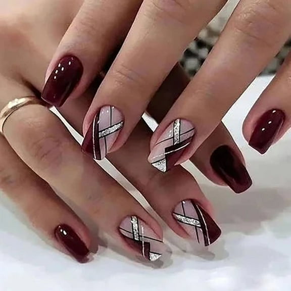 CurvLife Elegant Lady Red Press-On Nails - 24PCS Medium Square, Line Design, Non-Toxic & Reusable