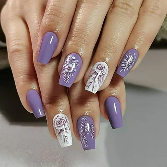 CurvLife Elegant Violet Press-On Nails - 24PCS Medium Coffin, Floral Mirror Design, Non-Toxic & Reusable
