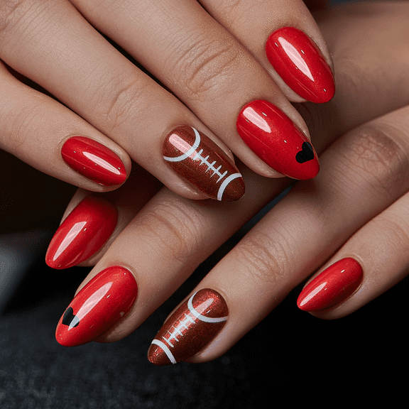 CurvLife Football Game Charm Press-On Nails - 30PCS, Almond, Easy Apply, Non-Toxic & Reusable