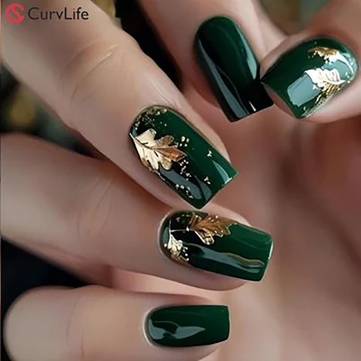 CurvLife Forest Gold Foliage Press-On Nails - 24PCS Short Square,Summer Foliage Design, Non-Toxic & Reusable