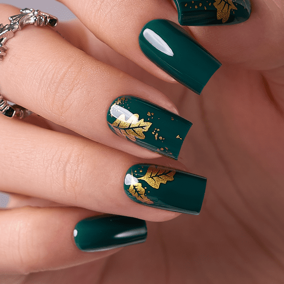 CurvLife Forest Gold Foliage Press-On Nails - 30PCS, Square, Easy Apply, Non-Toxic & Reusable