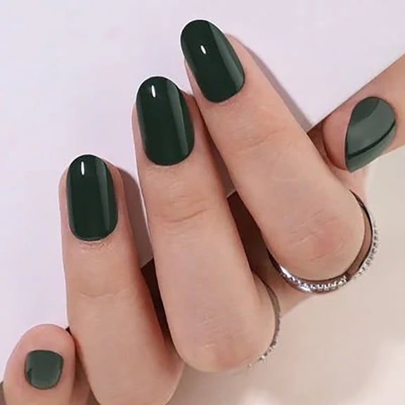 CurvLife Forest Green Gloss Press-On Nails - 30PCS Short Oval, Minimalist Solid Color