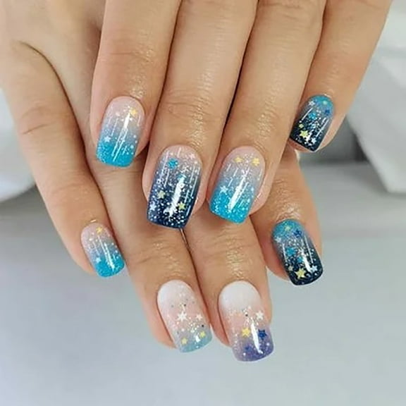 CurvLife Glistening Star Cluster Press-On Nails - 24PCS Medium Square, Gradient with Cartoon Pattern, Non-Toxic & Reusable