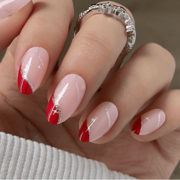 CurvLife Glitter Star Bloom Press-On Nails - 30PCS, Almond, Easy Apply, Non-Toxic & Reusable