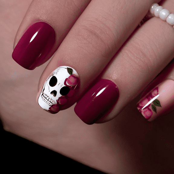 CurvLife Gloom Bud Press-On Nails - 30PCS Short Rounded Square, Gothic Rose Dark Style