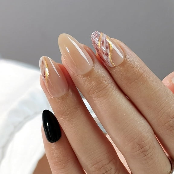 CurvLife Golden Elegance Press-On Nails - 30PCS, Almond, Easy Apply, Non-Toxic & Reusable