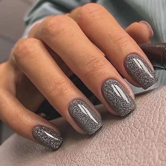 CurvLife Gray Sparkle Mirror Press-On Nails - 30PCS Short Square, Glitter Reflective, Non-Toxic & Reusable
