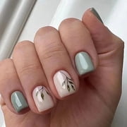 CurvLife Green Leaves Mirror Floral Press-On Nails - 30PCS Short Square, Non-Toxic & Reusable, Hand-Painted Blossoms