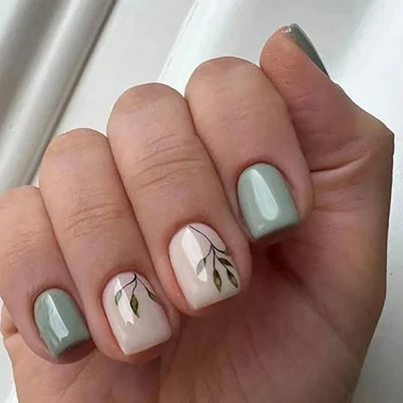 CurvLife Green Leaves Mirror Floral Press-On Nails - 24PCS Short Square, Non-Toxic & Reusable, Hand-Painted Blossoms