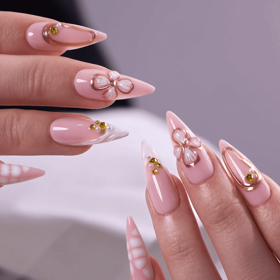 CurvLife Ivory Bloom Press-On Nails - 30PCS, Stiletto, Easy Apply, Non-Toxic & Reusable
