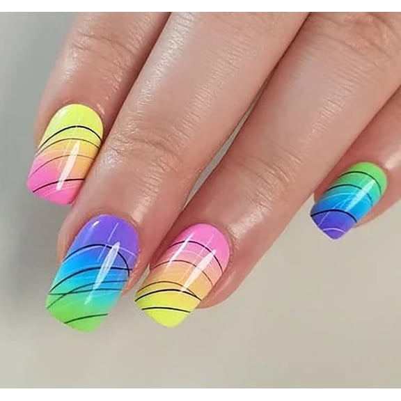 CurvLife Jumping Lines Geometric Press-On Nails - 30PCS Medium Square, Non-Toxic & Reusable, Graphic Art Design