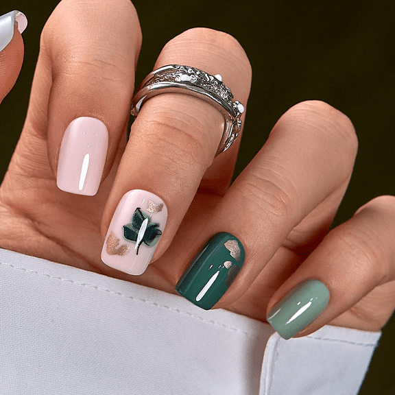 CurvLife Leaf Whisper Press-On Nails - 30PCS, Squoval, Easy Apply, Non-Toxic & Reusable