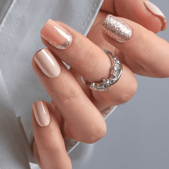 CurvLife Light Pink Gold Press-On Nails - 30PCS, Squoval, Easy Apply, Non-Toxic & Reusable