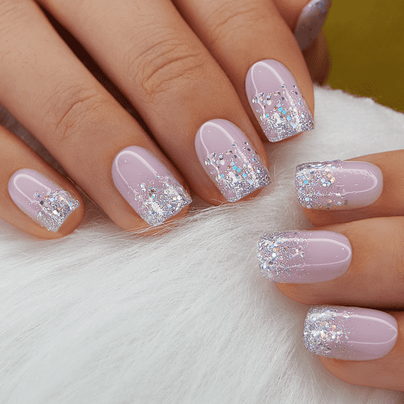 CurvLife Light Purple Micro Glitter Press-On Nails - 30PCS, Squoval, Easy Apply, Non-Toxic & Reusable
