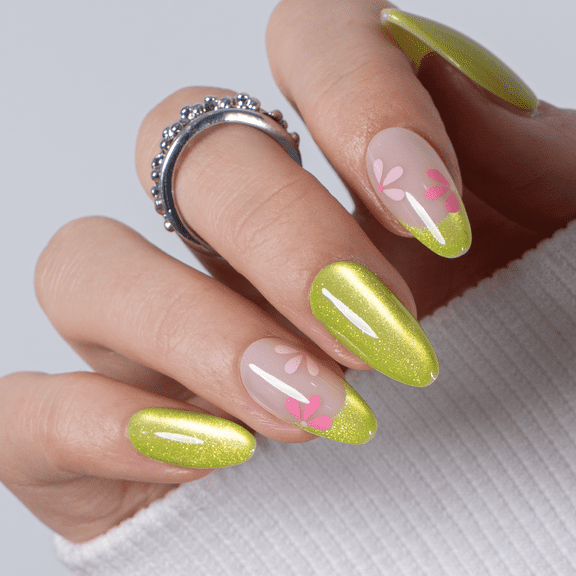CurvLife Lime Bloom Press-On Nails - 30PCS, Almond, Easy Apply, Non-Toxic & Reusable