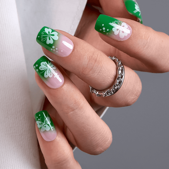 CurvLife Lucky Clover Press-On Nails - 30PCS, Squoval, Easy Apply, Non-Toxic & Reusable