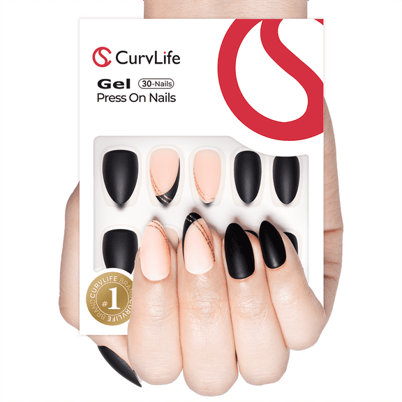 CurvLife Matte Night Press-On Nails - 24PCS Almond, Minimalist Line Design, Non-Toxic & Reusable