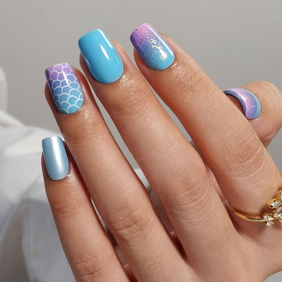 CurvLife Mermaid Wave Sparkle Press-On Nails - 30PCS, Squoval, Easy Apply, Non-Toxic & Reusable
