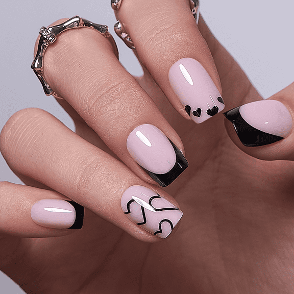 CurvLife Midnight Hearts Press-On Nails - 30PCS, Squoval, Easy Apply, Non-Toxic & Reusable