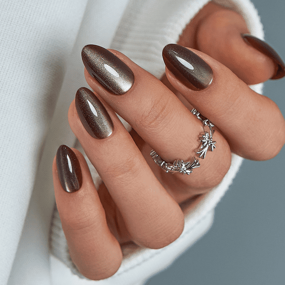 CurvLife Mocha Cat Glow Press-On Nails - 30PCS, Almond, Easy Apply, Non-Toxic & Reusable