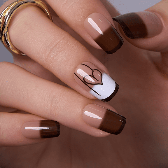 CurvLife Mocha Heartline Press-On Nails - 30PCS, Squoval, Easy Apply, Non-Toxic & Reusable