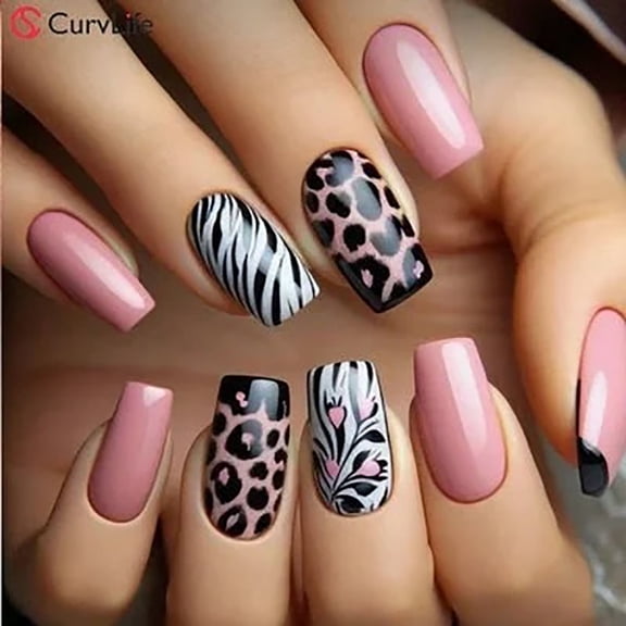 CurvLife Mysterious Animal Print Press-On Nails - 30PCS Medium Coffin, Zebra Stripe Pattern, Non-Toxic & Reusable