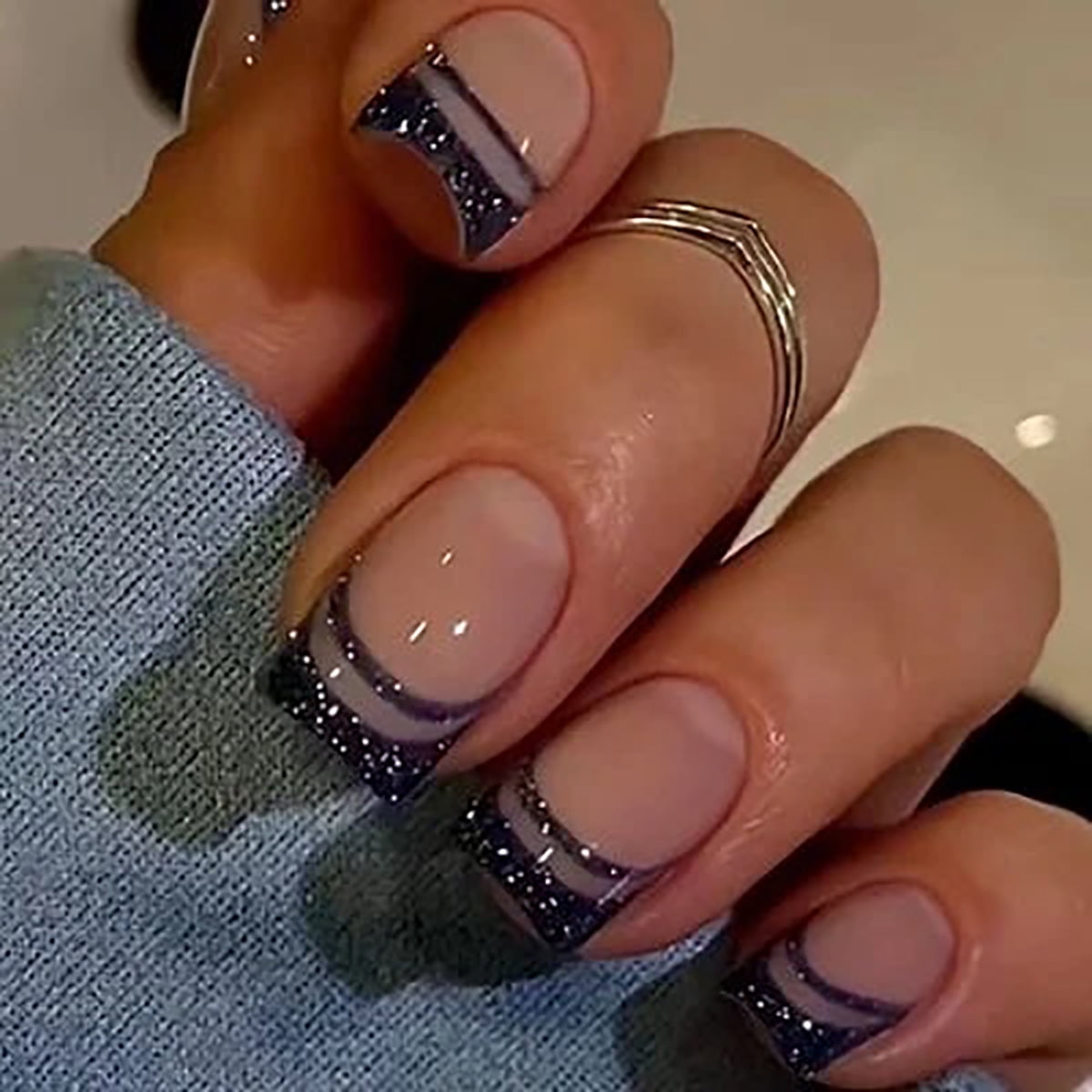 CurvLife Mysterious Purple Arcs Press-On Nails - 24PCS Short Square, Geometric Lines, Non-Toxic & Reusable, Salon Quality DIY