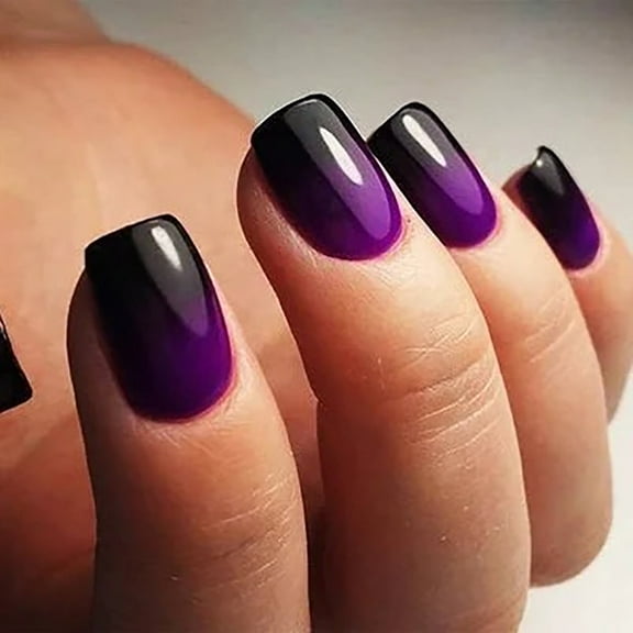 CurvLife Mysterious Purple Ombre Press-On Nails - 24PCS Short Square, Non-Toxic & Reusable, Gradient Shine