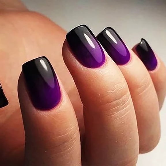 CurvLife Mysterious Purple Ombre Press-On Nails - 30PCS Short Square, Non-Toxic & Reusable, Gradient Shine