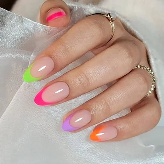 CurvLife Neon Bite Press-On Nails - 30PCS Almond, Color Block French Design, Non-Toxic & Reusable