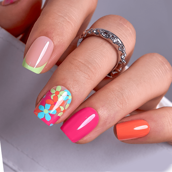 CurvLife Neon Bloom Press-On Nails - 30PCS, Squoval, Easy Apply, Non-Toxic & Reusable
