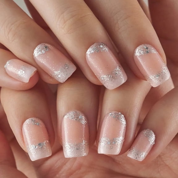CurvLife Nude Sparkle Halo Press-On Nails - 30PCS Medium Square, Glitter & Mirror Finish, Non-Toxic & Reusable