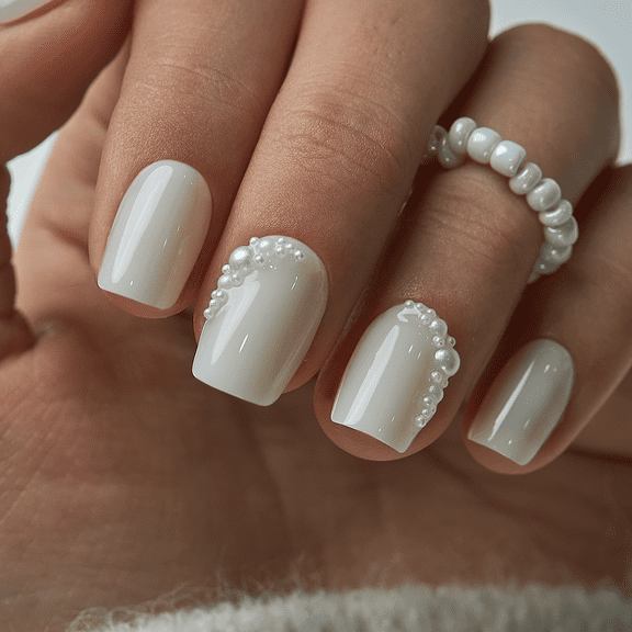 CurvLife Pearl Drizzle Nails Press-On Nails - 30PCS, Squoval, Easy Apply, Non-Toxic & Reusable