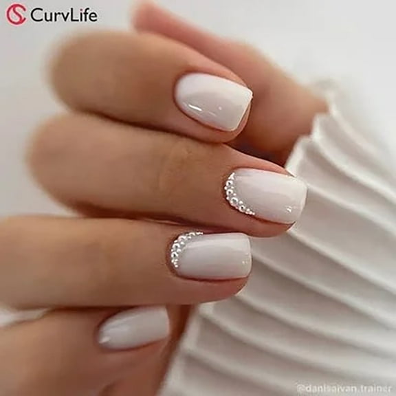 CurvLife Pearl Drizzle Press-On Nails - 24PCS Short Square, Minimalist Solid Color with Sequins