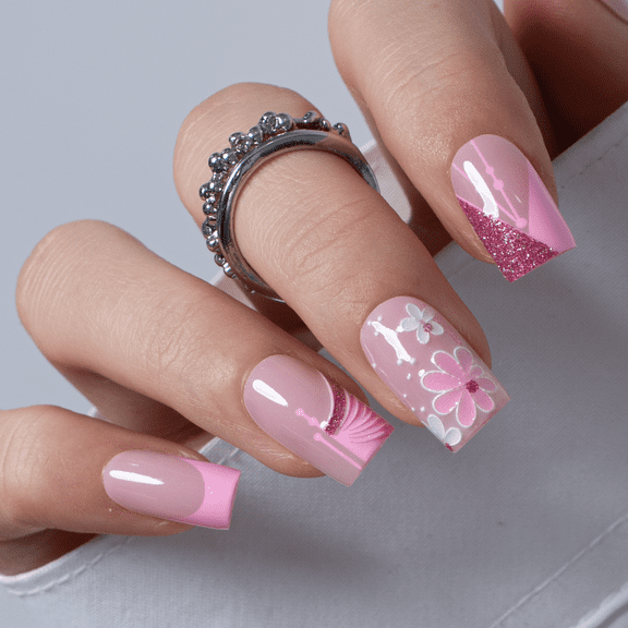 CurvLife Pink Symphony Press-On Nails - 30PCS, Squoval, Easy Apply, Non-Toxic & Reusable