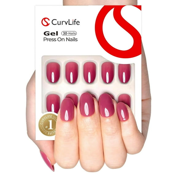 CurvLife Plum Shine Gel Press-On Nails - 24PCS Oval, Mirror Finish Solid Color, Non-Toxic & Reusable