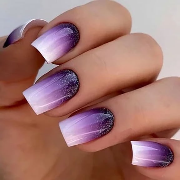 CurvLife Purple Glitter Ombre Press-On Nails - 30PCS Medium Square, Non-Toxic & Reusable, Sparkle Gradient