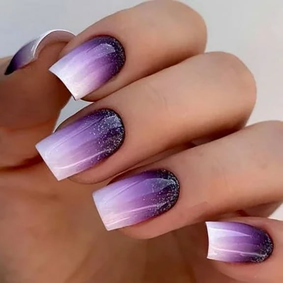 CurvLife Purple Glitter Ombre Press-On Nails - 24PCS Medium Square, Non-Toxic & Reusable, Sparkle Gradient
