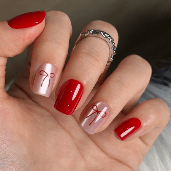 CurvLife Ribbon Red Charm Press-On Nails - 30PCS, Squoval, Easy Apply, Non-Toxic & Reusable