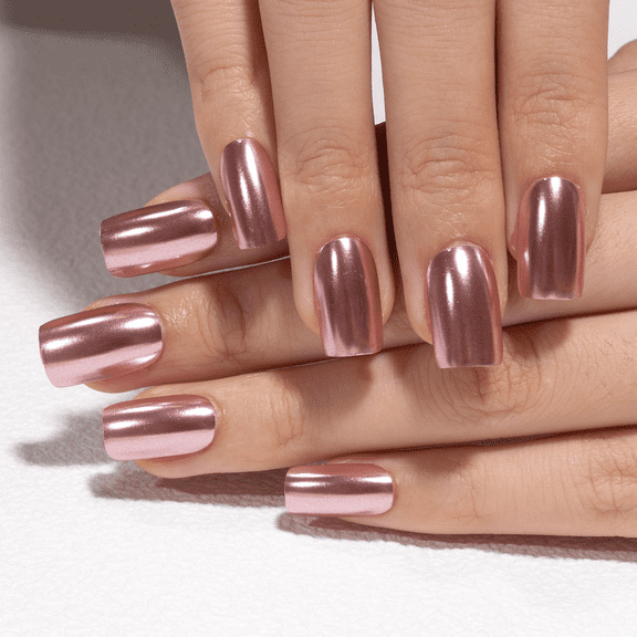 CurvLife Rose Chrome Press-On Nails - 30PCS, Squoval, Easy Apply, Non-Toxic & Reusable