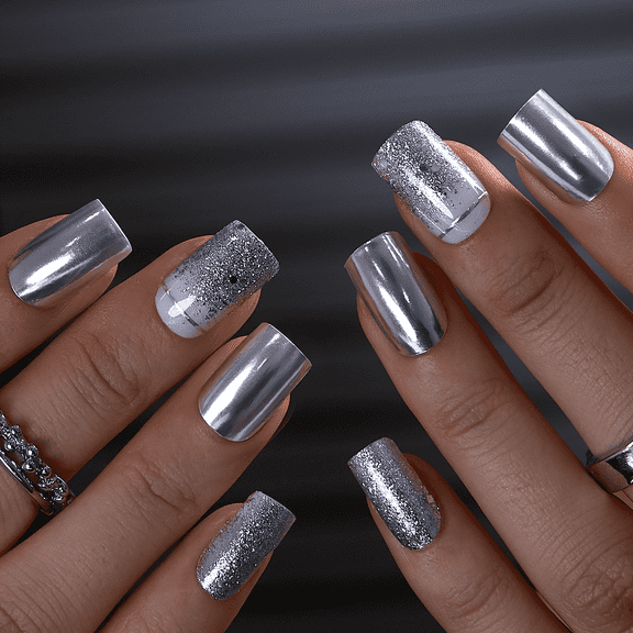 CurvLife Silver Grace Press-On Nails - 30PCS, Squoval, Easy Apply, Non-Toxic & Reusable