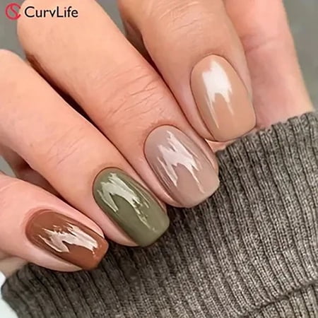 CurvLife Simple and Plain Press-On Nails - 30PCS Oval, Solid Color with Accent, Mirror Shine, Non-Toxic & Reusable
