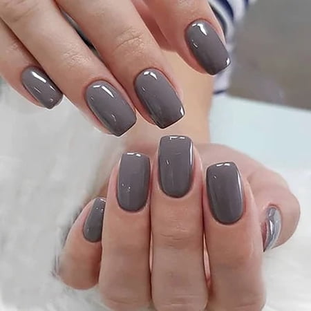 CurvLife Sleek Slate Gray Press-On Nails - 30PCS Medium Square, Minimalist Solid Color, Non-Toxic & Reusable