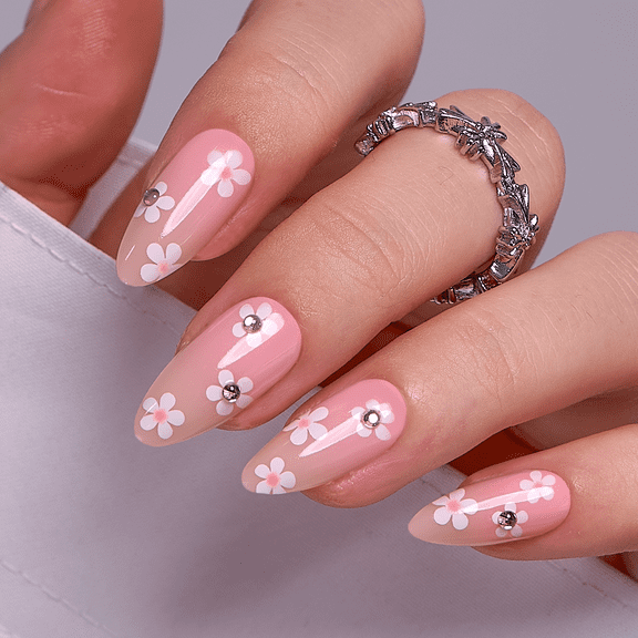 CurvLife Soft Daisy Press-On Nails - 30PCS, Almond, Easy Apply, Non-Toxic & Reusable