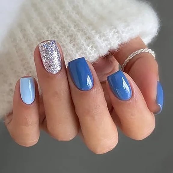 CurvLife Sparkling Blue Press-On Nails - 30PCS Short Square, Mirror Shimmer, Non-Toxic & ReusableSalon Quality DIY