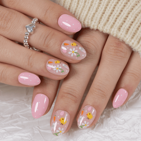 CurvLife Spring Chirp Press-On Nails - 30PCS, Almond, Easy Apply, Non-Toxic & Reusable