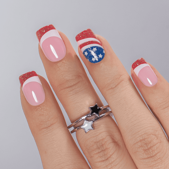 CurvLife Star-Spangled Tips Press-On Nails - 30PCS, Squoval, Easy Apply, Non-Toxic & Reusable