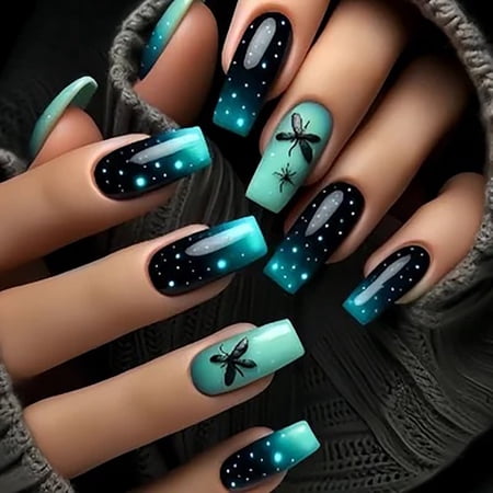 CurvLife Starry Bugs Press-On Nails - 30PCS Medium Coffin, Fairy-Tale Firefly Design, Non-Toxic & Reusable