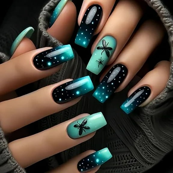 CurvLife Starry Bugs Press-On Nails - 24PCS Medium Coffin, Fairy-Tale Firefly Design, Non-Toxic & Reusable